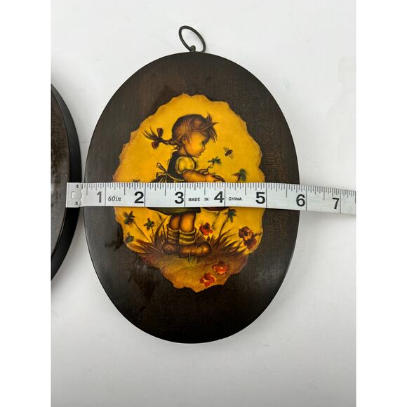 VTG. Hummel Art Boy and Girl Decoupage Plaques 2 Wood Oval Boy Cat Girl Flowers - Picture 10 of 12